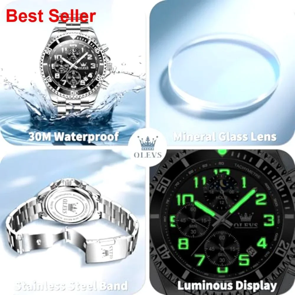Stainless Steel Dress Watch with Date Chronograph Waterproof